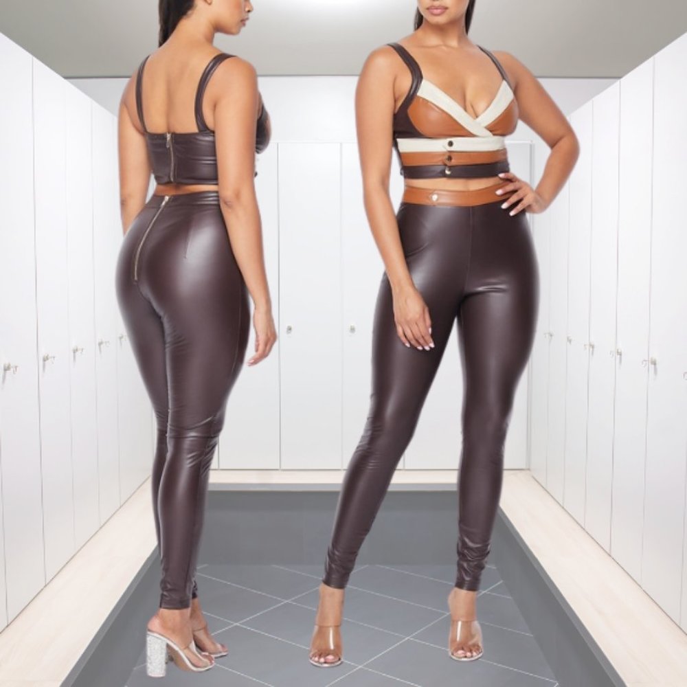 Faux Leather Pant Set in Mocha-Chocolate - NWT